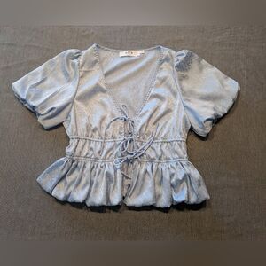 ASTR the Label Shirred Puff Sleeve Babydoll Top Sz S Feminine Baby Blue Girly